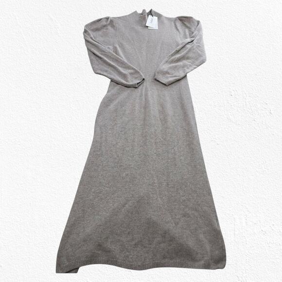 ba&sh Felicity Beige Wool Blend Knit Puff Sleeve Midi Sweater Dress Size Large - Picture 1 of 14